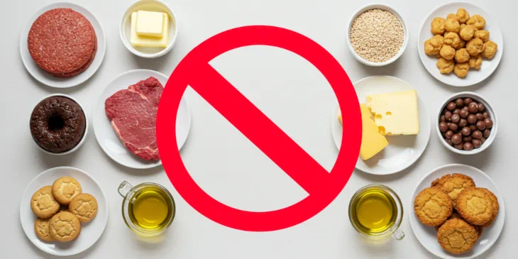 Mesa com alimentos que devem ser evitados na dieta MIND — carnes vermelhas, queijos amarelos, manteiga, doces e frituras — devido aos impactos negativos na saúde cerebral.