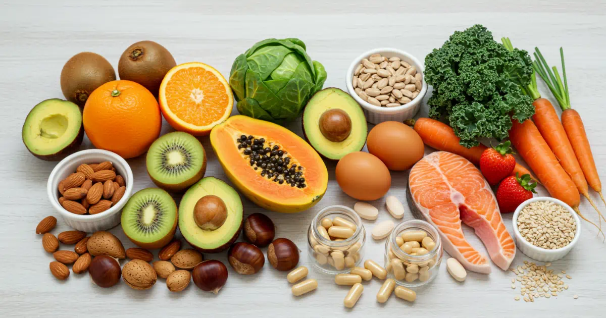Composição mostrando o glucomanano, conhecido como Ozempic natural, nas formas de cápsulas, pó e shake, sobre mesa rústica