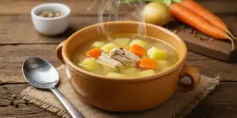 Canja de galinha em um prato de cerâmica