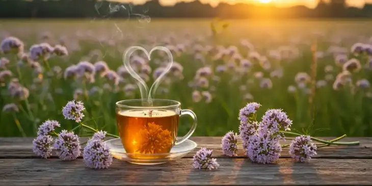 Xícara de chá de valeriana para pressão alta com um campo de valeriana ao fundo