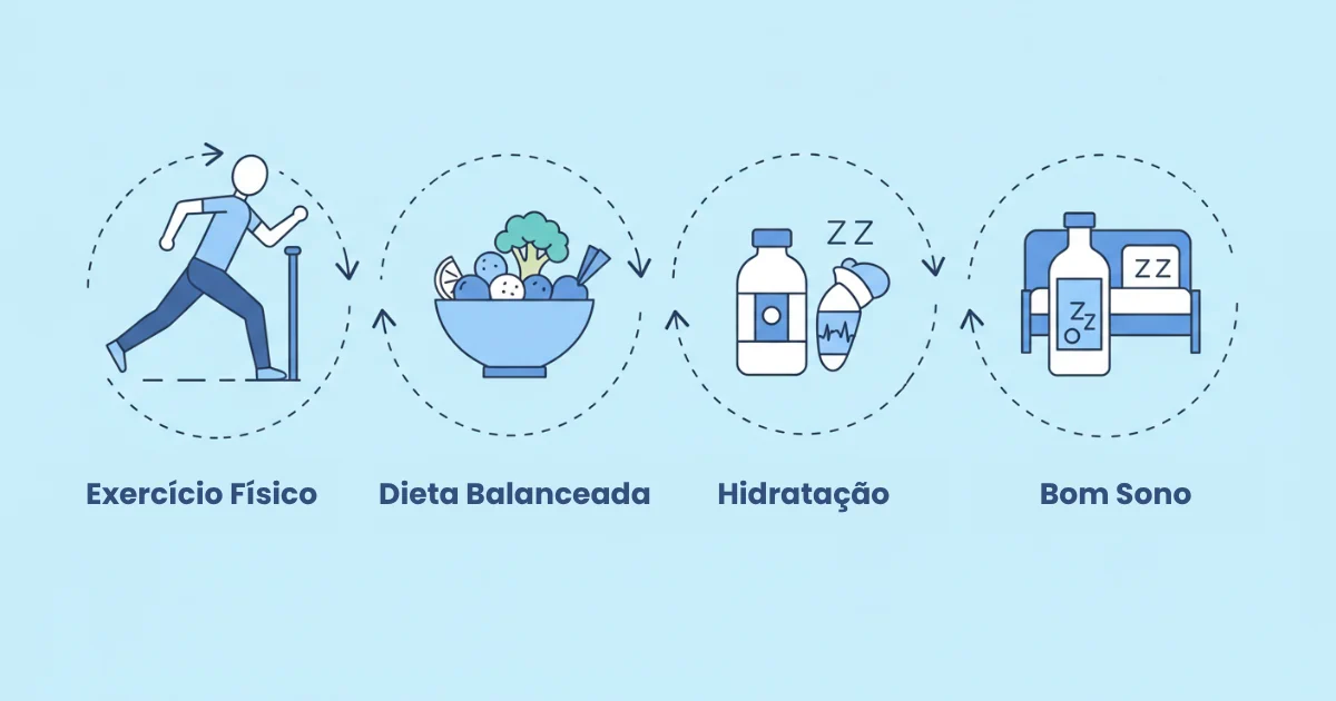 Infográfico mostrando como acabar com a gordura visceral através de exercícios físicos, alimentação saudável, hidratação e sono de qualidade
