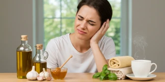 Remédios caseiros para dor de ouvido dispostos em mesa com pessoa sentindo dor.