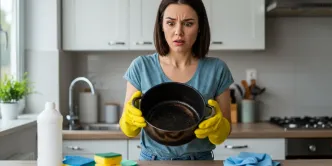 Pessoa dos sexo feminino limpando uma panela queimada e com expressão de surpresa