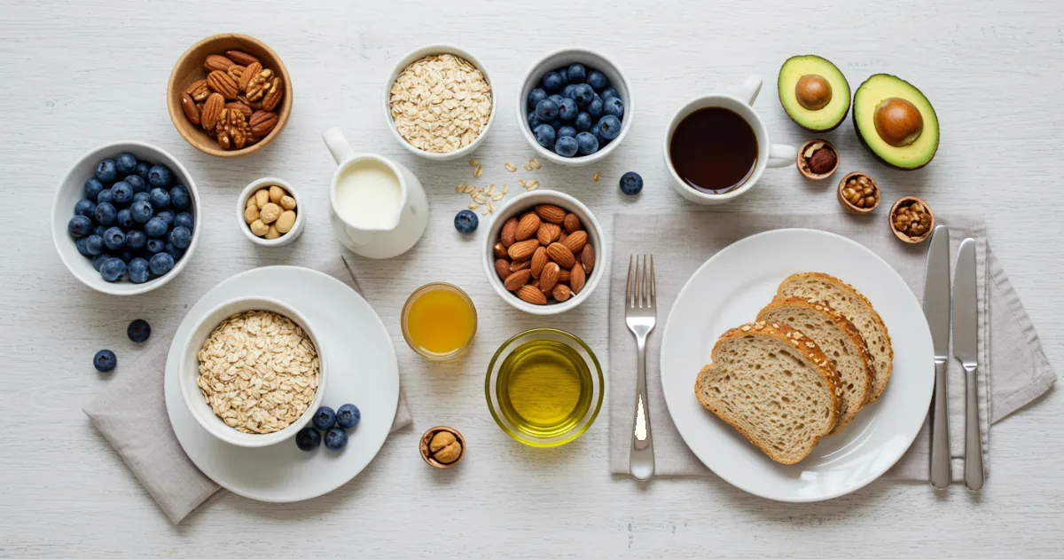 Mesa de café da manhã saudável com frutas vermelhas, aveia, castanhas e pão integral, seguindo os princípios da dieta MIND.