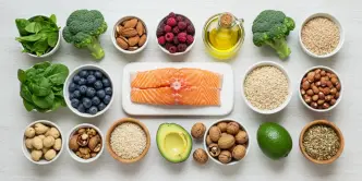 Mesa com alimentos da dieta MIND — folhas verdes, frutas vermelhas, nozes, azeite, grãos integrais e peixe — indicados para prevenir demência e proteger o cérebro.