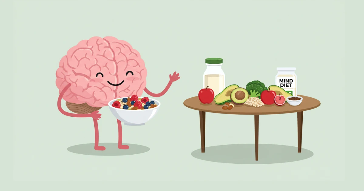 Ilustração de um cérebro sorrindo, segurando uma tigela de café da manhã com frutas, aveia e castanhas, representando a dieta MIND.