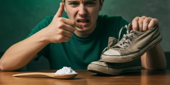 Pessoa sofrendo com cheiro do chulé aplicando bicarbonato de sódio para remover o odor