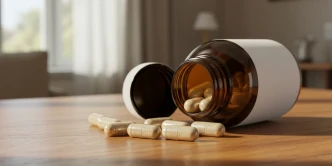 Pote de suplemento representando o glucomanano, com cápsulas transparentes sobre uma mesa