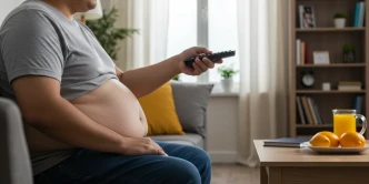 Pessoa sendentária com sobrepeso e gordura visceral assistindo TV