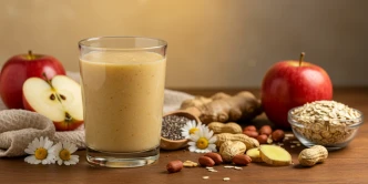 Mesa com um copo de vitamina de maçã com aveia, camomila, amendoim e gengibre