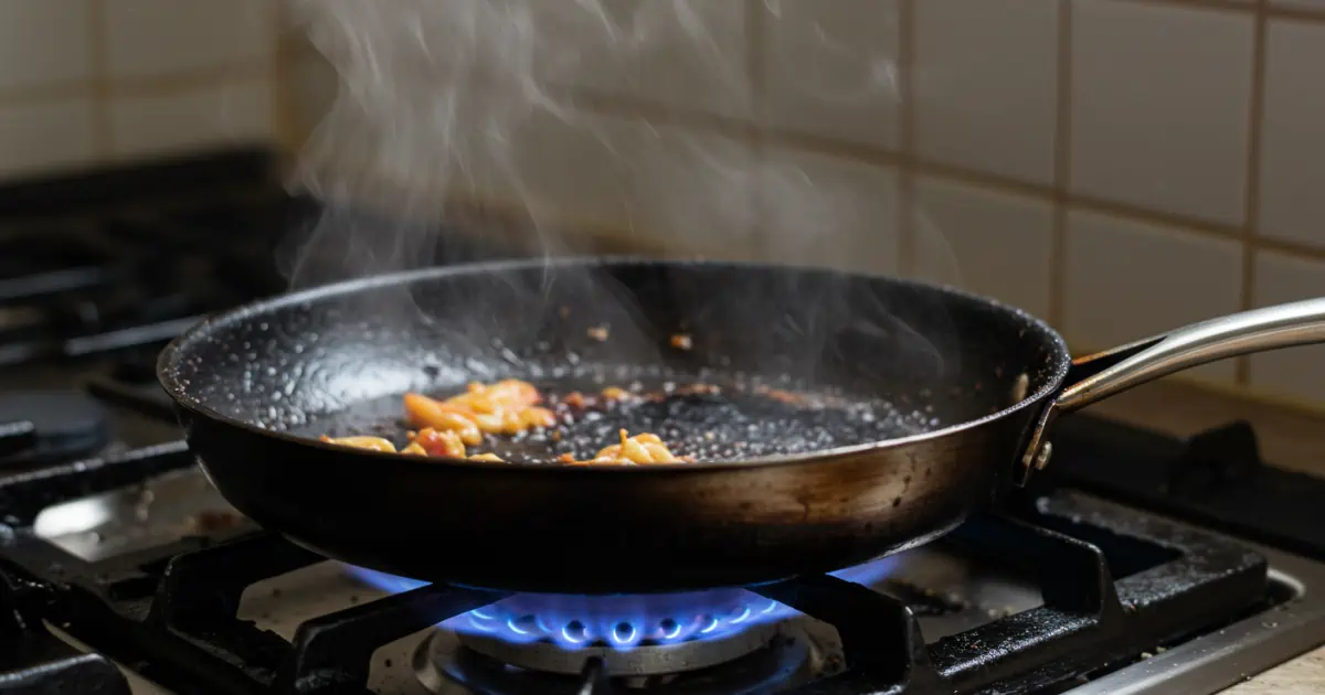 Panela com gordura incrustada sendo aquecida no fogão