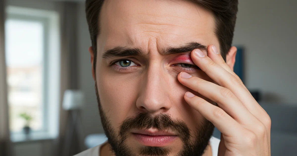 Homem de barba com terçol, demonstrando que o terçol acomete tanto homens quanto mulheres sem distinção de gênero.