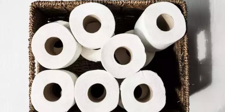 Vista superior de uma caixa com 7 rolos de papel higiênico